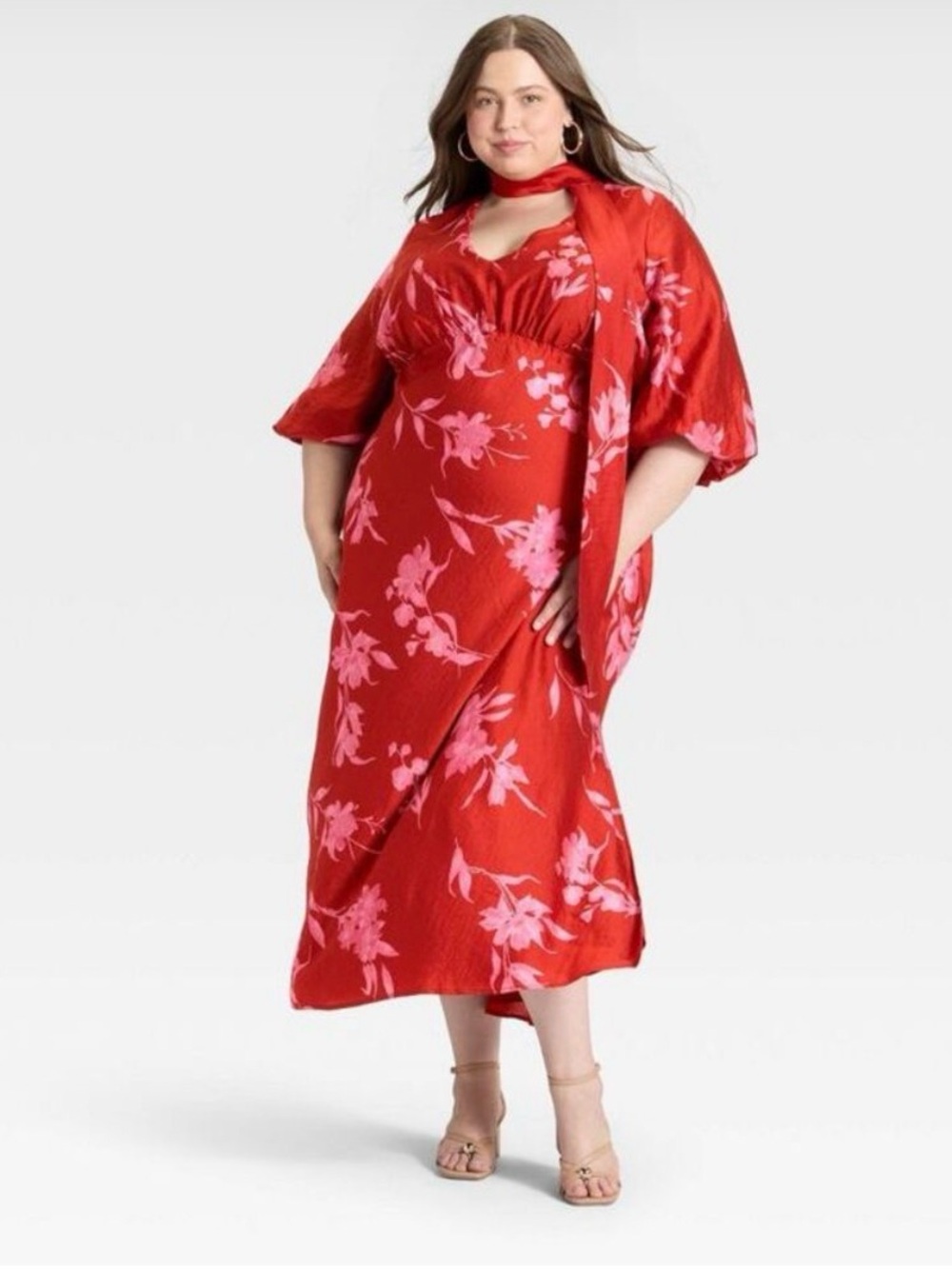 A new day Red Floral Midi Dress with Pink Blossom Print size XL